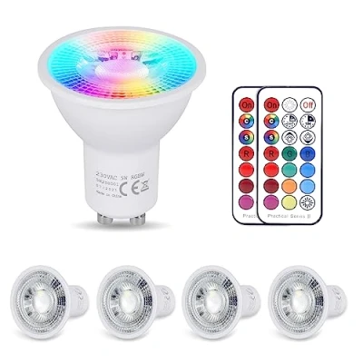 Imagen de YAYZA! Bombillas Gu10 LED Blanco Frio 5W 6000k(Equivalente 50W Bombilla LED), Regulable Focos 450 Lúmenes, RGB 12 Colores, 5 Modos, Control por inteligente mando, Para el Hogar, Bar (4 PCS)