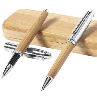 Imagen de Juego de escritura diseño respetuoso con el medio ambiente bolígrafo función giro y roller bambú en estuche regalo madera maciza