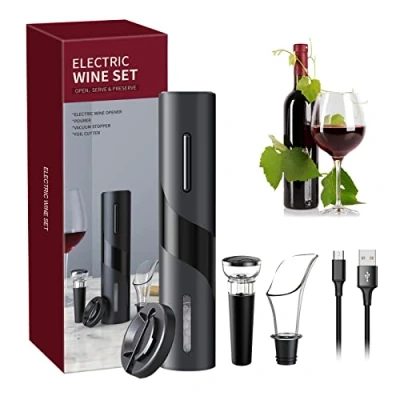 Imagen de Sacacorchos Eléctrico, USB Recargable Automático Abridor de Botellas Vino con Cortador Papel, Vertedor, Tapón Vacío, Profesional Abrelatas Set para Fiestas, cenas y Bodas