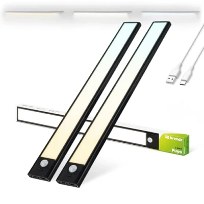 Imagen de Brendz Luz Led Armario Sensor Movimiento, Adhesiva Magnética, Recargables USB C, 3 Temperaturas de Color, Nocturna para Guardarropa, Pasillos, Habitaciones, Garaje, Escaleras, 2 x 40cm