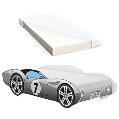 Imagen de iGLOBAL Cama infantil para coche con somier, colchón de espuma 140 x 70 cm (gris sin llamas)