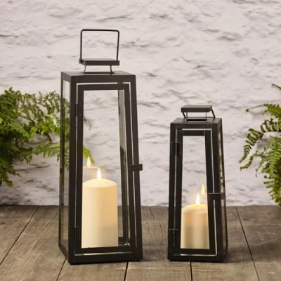 Imagen de Lights4fun Juego de 2 Farolillos Metal Negro con Velas LED para Interiores y Exteriores