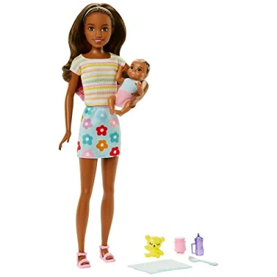 Imagen de Barbie Skipper Muñeca niñera afroamericana, con bebé y Accesorios para su Cuidado, Juguete +3 años (Mattel HJY31)