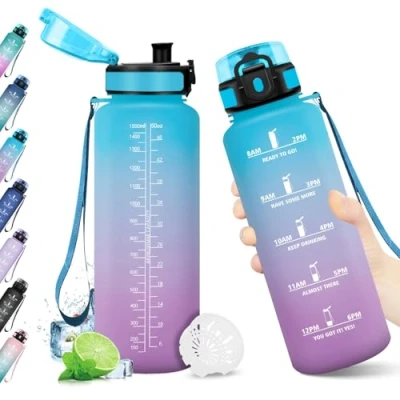 Imagen de Botella Agua 1.5L, Gimnasio, Cantimplora con Marca de Tiempo, Filtro, Reutilizable y sin BPA, Motivacional para Escuela, Oficina, Cámping, Running, Bicicleta