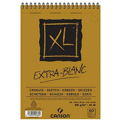 Imagen de Canson XL, Papel de bocetos Extra Blanco, Grano fino, 90g, Espiralados sobre el lado corto, A5 14,8x21cm, 60 Hojas