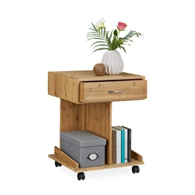 Imagen de Relaxdays Mesa Auxiliar con Ruedas ROLLI, Hecho de bambú, 56.5 x 43 46 cm, 2 depósitos para Libros y 1 cajón, Madera, cómoda el Dormitorio, Color Natural, 56,5 cm