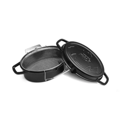Imagen de BURNHARD Olla Ovalada de Hierro Fundido con cestillo para freír Acero Inoxidable, Tapa surcos y Picos vertedores. Capacidad Total 7,5 L.