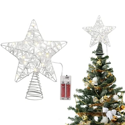 Imagen de Belle Vous Estrella de Navidad para la Punta del Árbol (24 x 22 cm) Luz LED Blanca 3D Metal con Textura Nieve Decoración 18 Luces (Pilas no Incluidas)