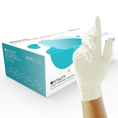 Imagen de UNIGLOVES Vitality Nitrile GD0033 Guantes de examen hidratante, multiusos, sin polvo ni látex, 100 guantes, color blanco, mediano
