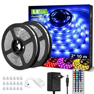 Imagen de LE Tira LED RGB 20M, Luces Habitación SMD 5050, Tiras con Función de Memoria, Voltaje Entrada 12V, Ángulo Haz 120, Fuente Alimentación y Controlador Incluidos Para Decoración