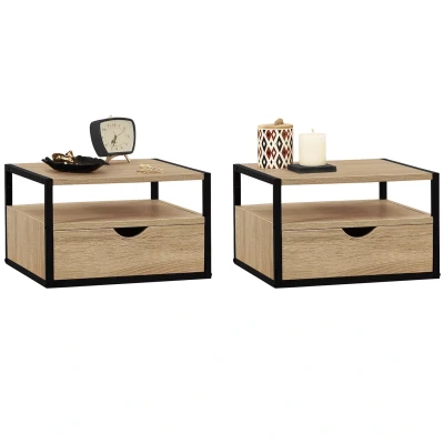 Imagen de IDMarket Detroit Juego de 2 mesitas noche para pared, 1 cajón + estante colgante madera y metal, color negro