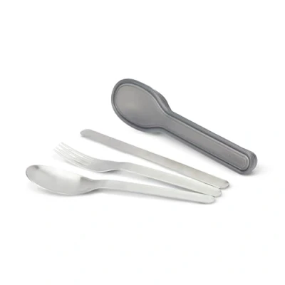 Imagen de Black+Blum juego de cubiertos nido 3 piezas acero inoxidable compacto viaje (cuchillo, tenedor y cuchara) vajilla portátil con funda cierre a presión, plata