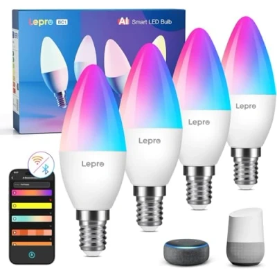 Imagen de Lepro BC1 AI Bombilla LED E14, Inteligente Alexa LLM, RGB Regulable 4.9W, Bombillas Wi Fi Control de Voz por APP, Sync Música Iluminación Generada AI, Funciona con Google Home, 4Pcs