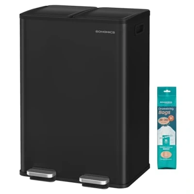 Imagen de SONGMICS Cubo de Basura Cocina, 2 x 30 L, Compartimentos, Papelera Pedal, con Tapa Cierre Suave y Interior, Acero, Incluye 15 Bolsas Basura, Negro Tinta LTB741B02