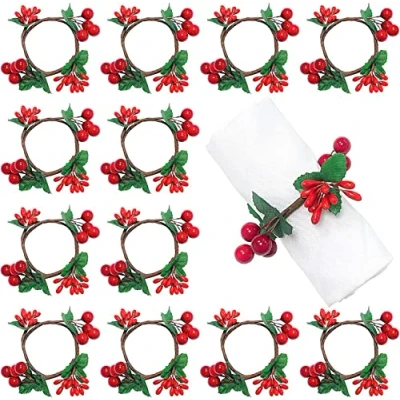 Imagen de KAHEIGN 12 Piezas Servilleteros Navideños, Baya Roja Hebilla de Servilleta Rústica por Navidad Almuerzo Acción Gracias Año Nuevo San Valentin Boda Fiesta Mesa Decoración
