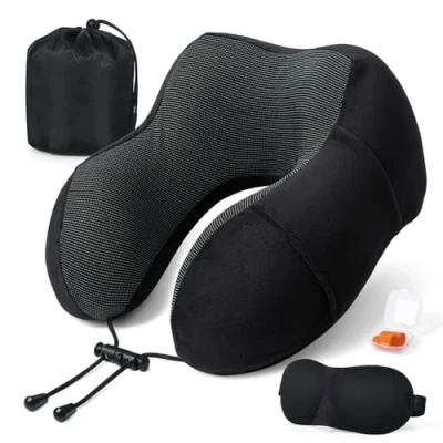 Imagen de SOMLAW Almohada de Viaje para Cuello, Cojin Cuello Espuma Viscoelástica Ideal Avión, Tren y Coche, Cervical Viaje, con Antifaz, Tapones Bolsa