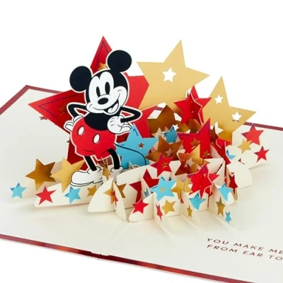 Imagen de Hallmark Disney Mickey Mouse, tarjeta 3D y desplegable para cualquier ocasión, estrellas de celebración, cumpleaños, día del padre, hija, hijo, sobrina, sobrino, rojo, azul, dorado