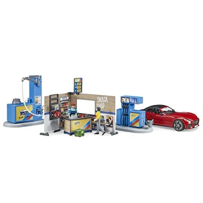 Imagen de bruder 62111 gasolinera Bworld con surtidor de gasolina, estación carga para coches eléctricos, lavacoches, empleado 1:16 Set juego, coche carreras,