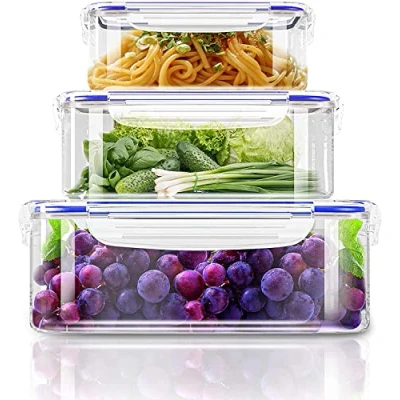 Imagen de KICHLY Contenedores herméticos de plástico para almacenamiento alimentos, 6 piezas (3 recipientes y 3 tapas), alimentos con tapas, despensa,a prueba fugas (azul)