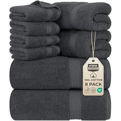 Imagen de Utopia Towels Juego de Toallas Premium 8 Piezas, 2 baño, Mano y 4 toallitas Algodón Calidad del Hotel, súper Suave Altamente Absorbente (Gris)