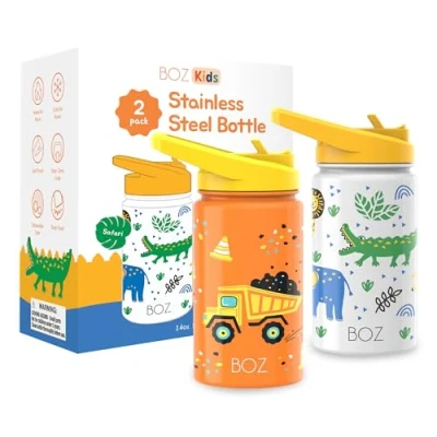 Imagen de BOZ Paquete de 2 botellas agua acero inoxidable para niños, aisladas botella a prueba fugas, metal