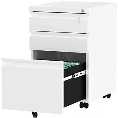 Imagen de YITAHOME Armario Archivador Móvil, 3 Cajones Cajonera de Oficina con Ruedas, Metalico Mueble Cerradura y Llave para Carta/A4, Blanco, 46 x 39 62cm