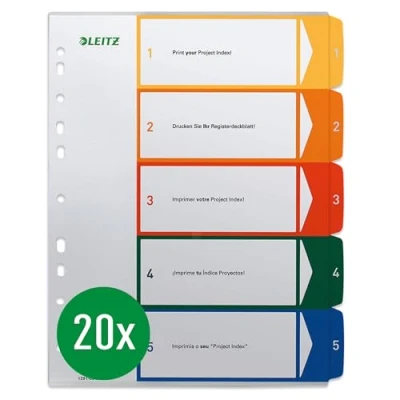 Imagen de Leitz 12910000 Separadores para A4, 20 unidades, portada escribir en PC y 5 separadores, pestañas con números del 1 al 5, gran ancho, blanco/multicolor/transparente, polipropileno,