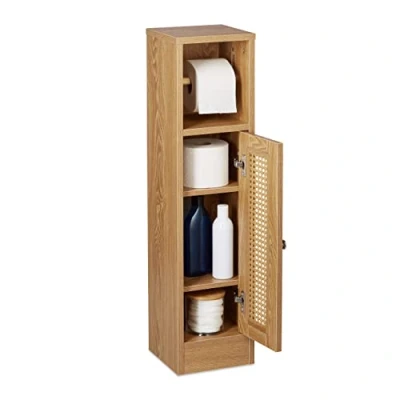 Imagen de Relaxdays Papel higiénico Portarrollos de Pie con Puerta Tejida, Armario Baño, 80 x 20,5 21 cm, Efecto Madera, Estrecho, Marrón, Tablero Fibras