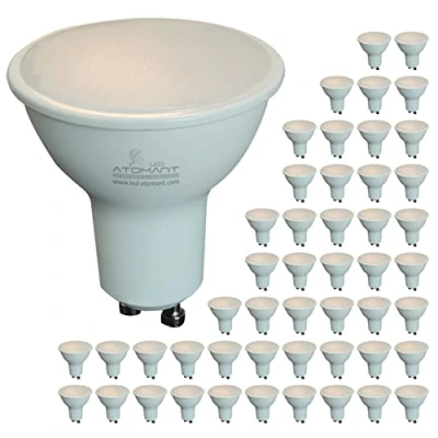 Imagen de LED ATOMANT Pack 50x Bombilla GU10 7W Regulable. Color Blanco Calido (3000K). 680 lumenes reales. 120 grados de apertura. Recambio bombillas 65W.