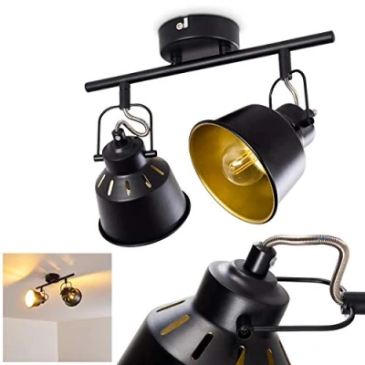 Imagen de plafón Safari, de metal en negro/oro, 2 luces, con focos regulables, x casquillo E14, foco pared diseño retro/vintage, sin bombilla(s)
