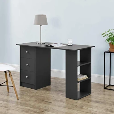 Imagen de [en.casa] Mesa Escritorio de Ordenador 120 x 49 72 cm 3 Compartimientos y Cajones Oficina Tablero Aglomerado Gris Oscuro