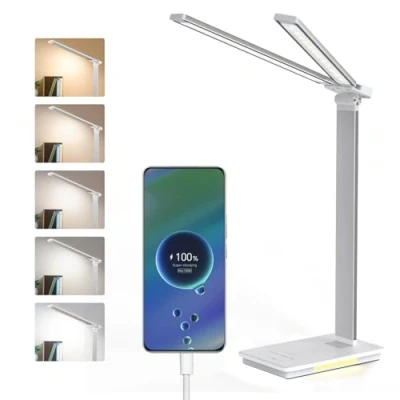 Imagen de LENDOO Lampara Escritorio LED,Doble Cabeza LED Flexo Escritorio,700 Lumen con 5 Modos Regulable,Puerto de Carga USB&amp;2000Mah Batería,Temporizador 30/60min,para Casa