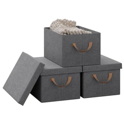 Imagen de WOLTU Cajas de Almacenamiento Plegables, Almacenajes Ropa con Tapa y Asas, Caja Tela Almacenaje para Armario, Cubos Gris, 3 Piezas, 20L ABB01gbn