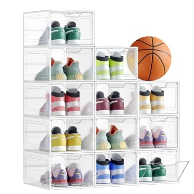 Imagen de SONGMICS Cajas para zapatos, juego de 6, organizadores con puerta, almacenamiento calzado plástico, apilable, montaje fácil, 27 x 34,5 19 cm, hasta la talla 46, blanco LSP032W06
