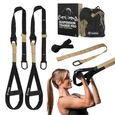 Imagen de THYSOL Correas de entrenamiento en suspensión Xtreme Straps Set con Anclaje Ajustable Fitness Casa Adecuado para Viajar y Entrenar Interiores Exteriores (Beige)