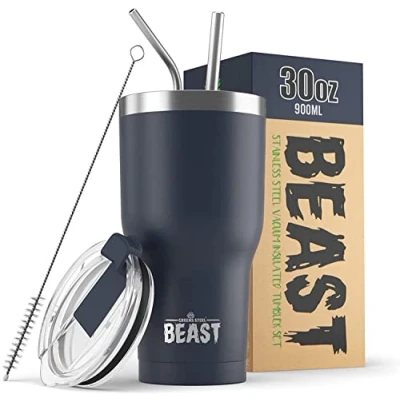 Imagen de BEAST Termo Café para Llevar 900ml I Azul Marino Taza Térmica de Acero Inoxidable Reusable Viajera Doble Pared al Vacío 2 Pajitas y Cepillo Limpieza