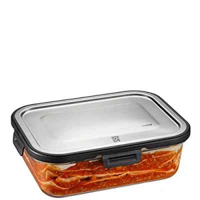 Imagen de GEFU Milo Fiambrera inteligente con control de frescura y conservas por aplicación, cristal sellado silicona cierre clic, recipiente para alimentos, 1500 ml, rectangular