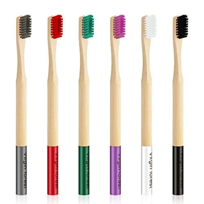 Imagen de Cepillo de dientes Bambú, 6 cepillos bambú biodegradables, ecológicos naturales sin BPA, el mejor juego madera para las encías sensibles.