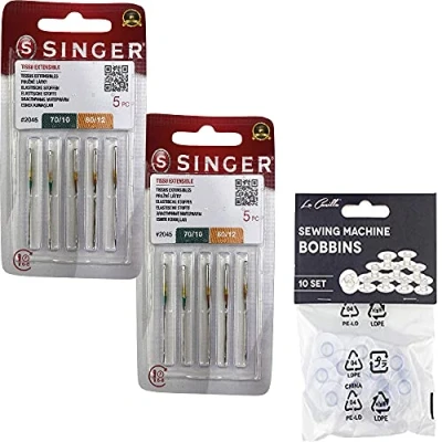 Imagen de Pack de 10 Agujas para Máquinas Coser Singer 2045 Grosores Surtidos 70/10 y 80/12 Tejidos Elásticos Punto (Stretch) 130/705 H S (Talón plano un lado) Universales