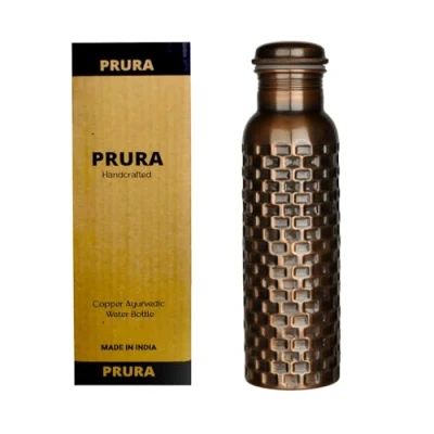 Imagen de PRURA botella de agua cobre puro con diseño ladrillos negros para beber, viaje gimnasio, oficina, senderismo, al aire libre, ayurvédica sin juntas a