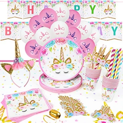 Imagen de 16 Invitados Kit Cumpleaños Unicornio Niña Platos Desechables Vasos Pajitas Servilletas Mantel Diadema Guirnalda Feliz Globos Fiestas Infantiles Decoracion