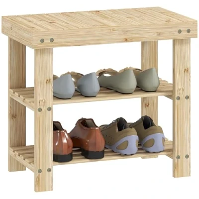 Imagen de HOMCOM Banco Zapatero de Bambú con Asiento Organizador Zapatos 3 Niveles para 4 Pares Entrada Salón Dormitorio 50x28x45 cm Natural
