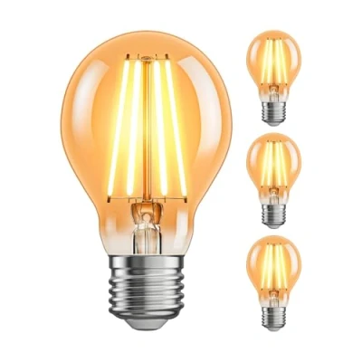 Imagen de ledscom.de Bombilla LED E27 de 4 piezas, A60, blanco extra cálido (2400 K), 7 W, 778 lm, regulador intensidad 3 niveles, dorada