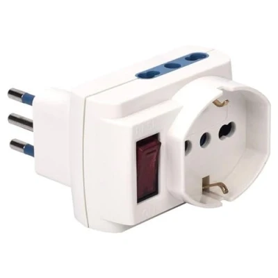 Imagen de POLY POOL PP2386 Adaptador de toma corriente triple que ahorra espacio con interruptor seguridad múltiple Spaziozero 2 tomas bivalentes 10A/16A + Schuko P40