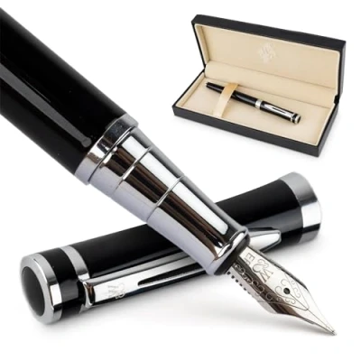 Imagen de Wordsworth &amp; Black Juego de plumas estilográficas extrafinas, incluye 6 cartuchos tinta y un convertidor recarga tinta, estuche regalo, para diarios o caligrafía, negro cromado