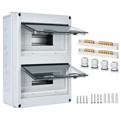 Imagen de Caja de fusibles empotrada, IP65 con 2 filas, 24 módulos, terminales latón, distribuidor pequeño, superficie, subdistribución para ambientes húmedos, jardines, exteriores, villas