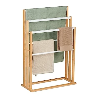 Imagen de Relaxdays Toallero de Pie con 6 Barras, Bambú, Autónomo, Portatoallas Baño y Ducha, Natural Blanco, 82 x 55 24 cm Aprox