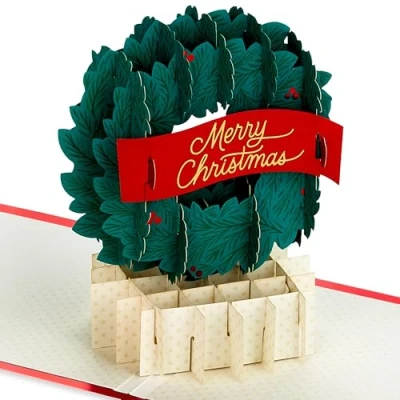 Imagen de Hallmark tarjeta de Navidad, diseño corona festiva, 3D y desplegable, deseos verde, rojo