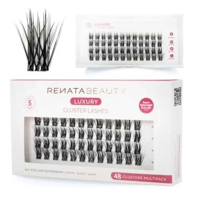 Imagen de Renata Beauty Pestañas Luxury Multipack 48 Clusters Extensión de DIY en Casa Extensiones Abanico con Banda Transparente, Reusables y Duraderas para una Mirada Lujo