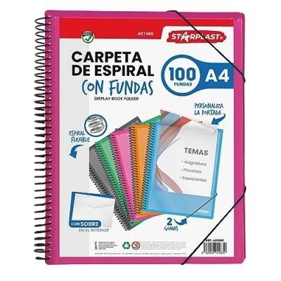 Imagen de Starplast Carpeta Con fundas Espiral Flexible 100 transparentes, A4, cierre elástico, tapa polipropileno, portada personalizable, para uso Escolar y Oficina color Rosa